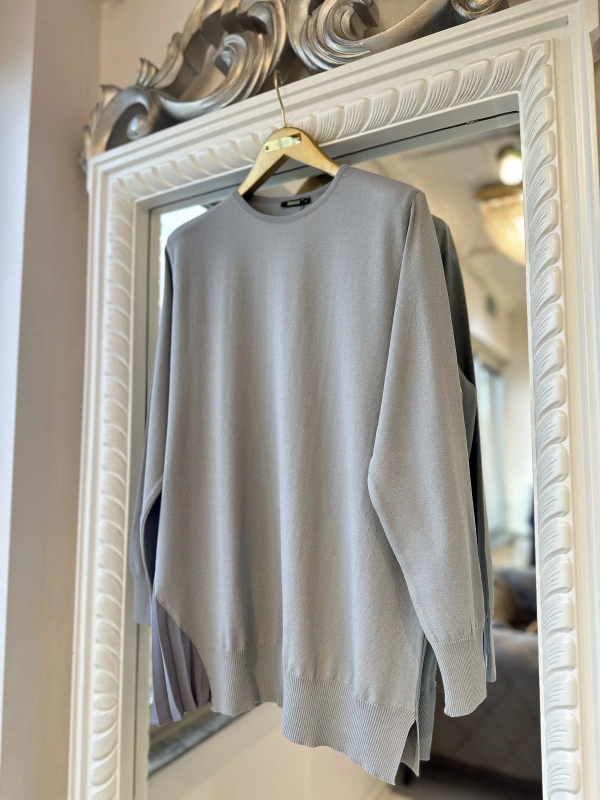 İNVEE Plise Detaylı Triko Tunik - Gri