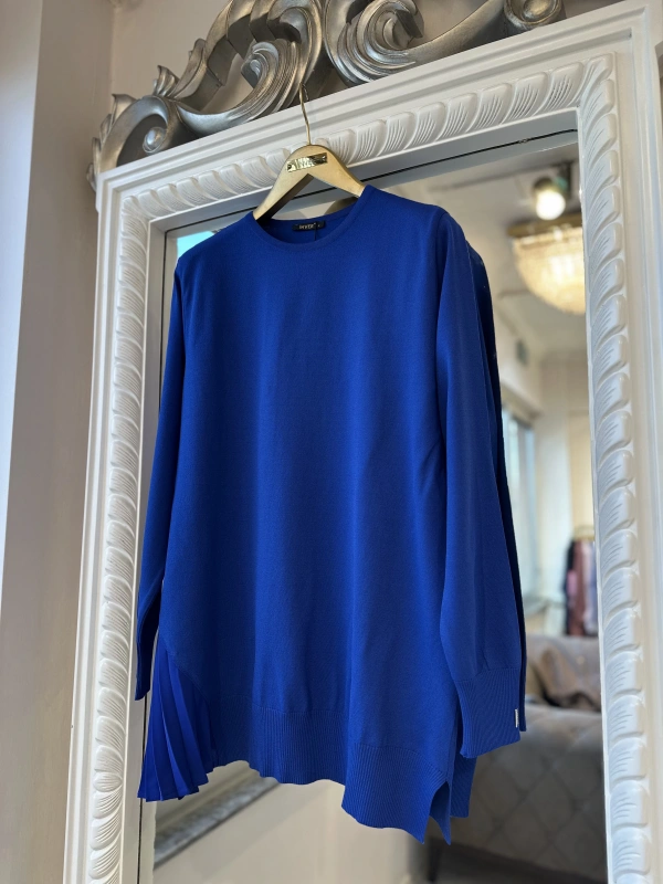 İNVEE Plise Detaylı Triko Tunik - Sax