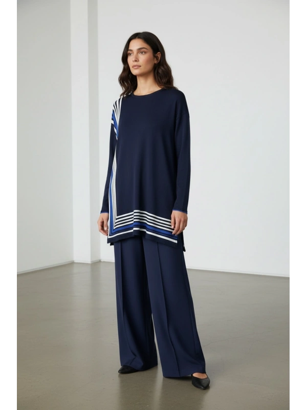 İNVEE Renk Bloklu Triko Tunik - Lacivert