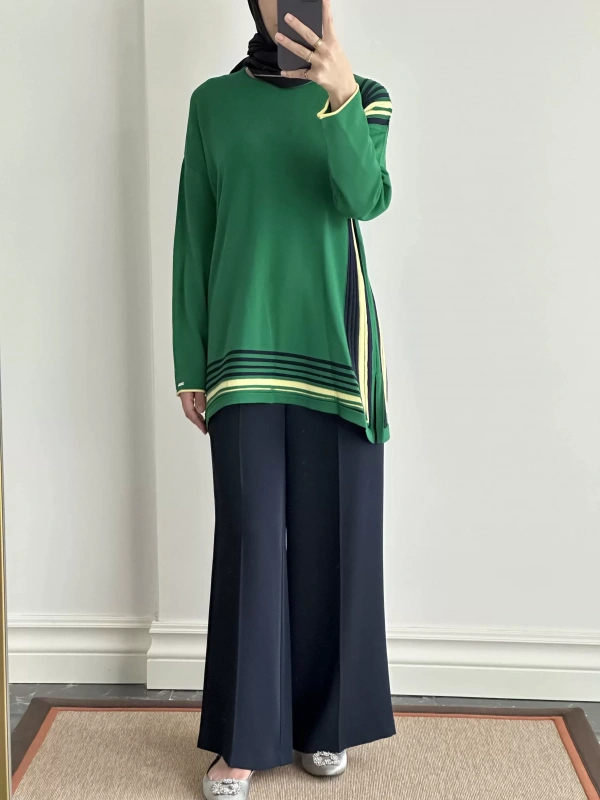 İNVEE Renk Bloklu Triko Tunik - Yeşil