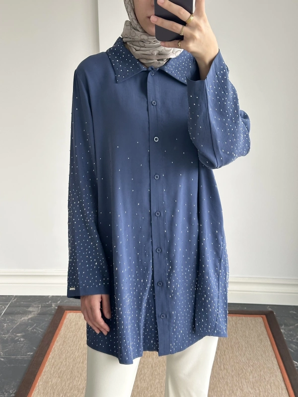 İNVEE Taş Baskılı Gömlek - İndigo