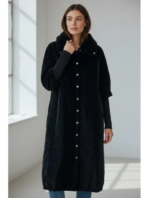 İNVEE Triko Detaylı İpek Deri Mont - Siyah