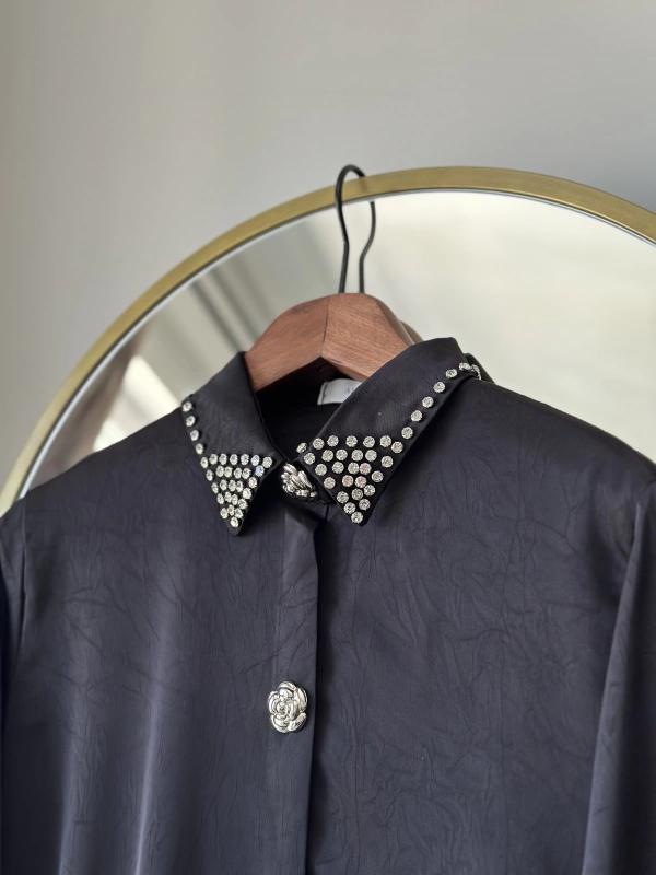 İTHAL Geniş Kalıp Uzun Gömlek/Kap - Siyah