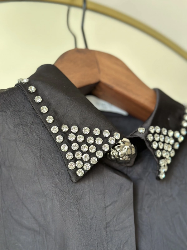 İTHAL Geniş Kalıp Uzun Gömlek/Kap - Siyah