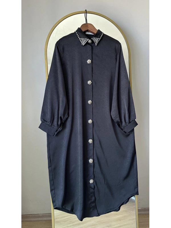 İTHAL Geniş Kalıp Uzun Gömlek/Kap - Siyah