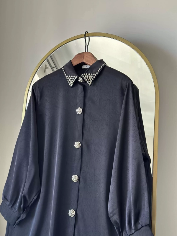 İTHAL Geniş Kalıp Uzun Gömlek/Kap - Siyah