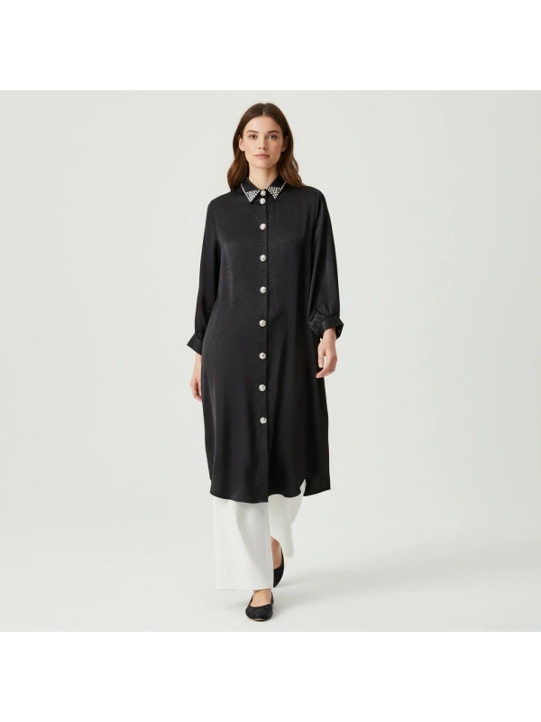 İTHAL Geniş Kalıp Uzun Gömlek/Kap - Siyah