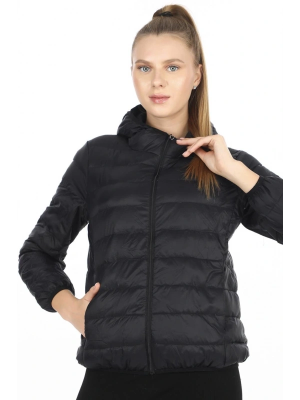 Kuş Tüyü Şapkalı Mont - Siyah