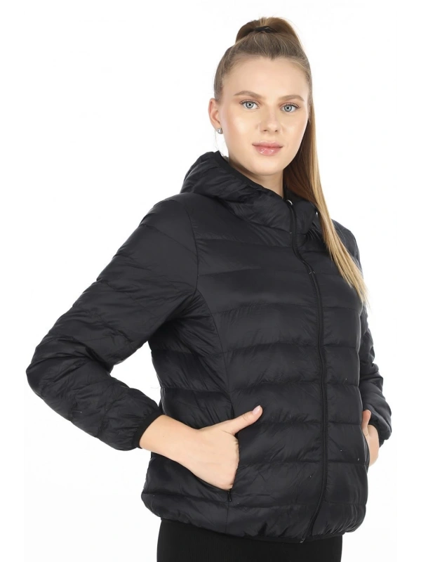 Kuş Tüyü Şapkalı Mont - Siyah