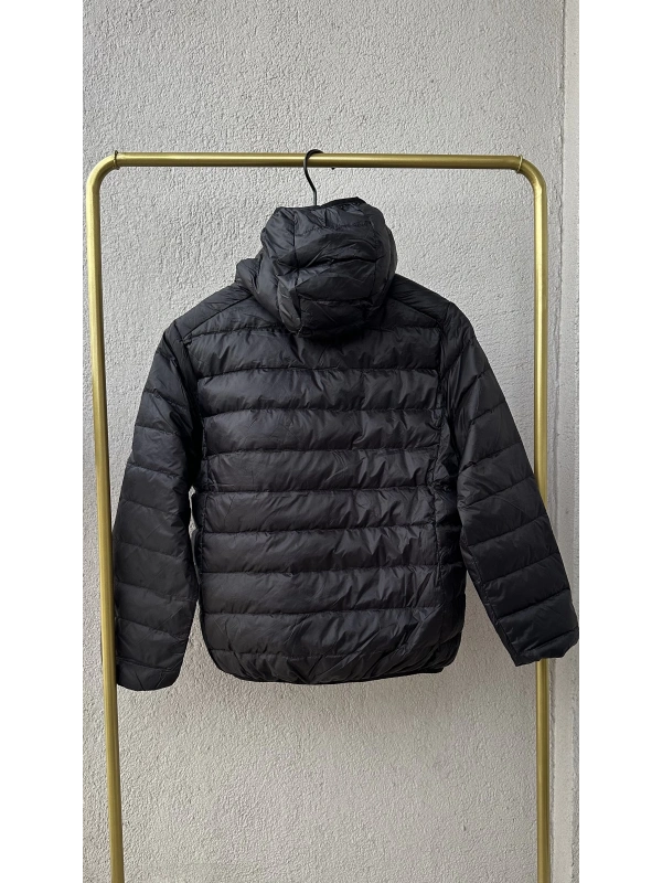 Kuş Tüyü Şapkalı Mont - Siyah