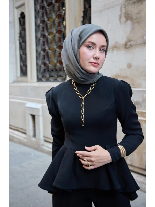 Monogram Pamuk İpek Eşarp - Gri-Yeşil