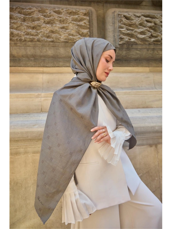 Monogram Pamuk İpek Şal - Yeşil-Gri