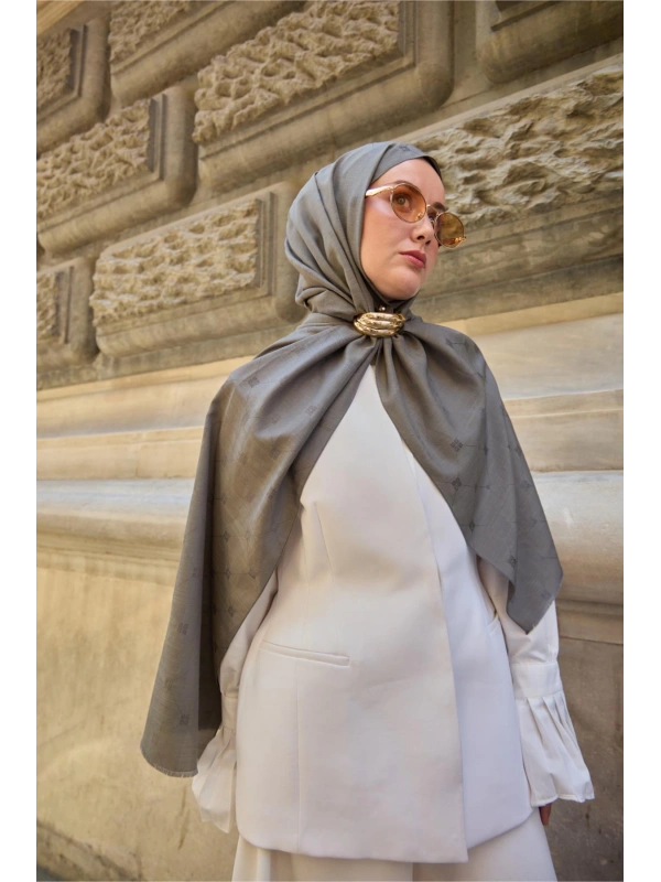 Monogram Pamuk İpek Şal - Yeşil-Gri