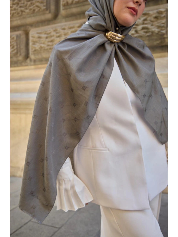 Monogram Pamuk İpek Şal - Yeşil-Gri