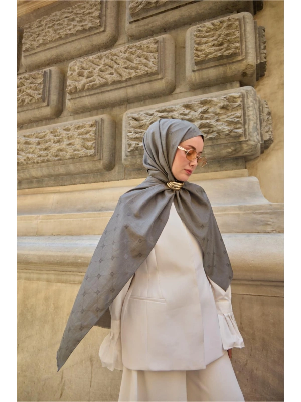 Monogram Pamuk İpek Şal - Yeşil-Gri