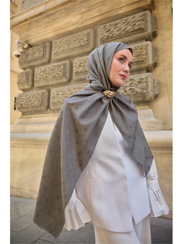 Monogram Pamuk İpek Şal - Yeşil-Gri