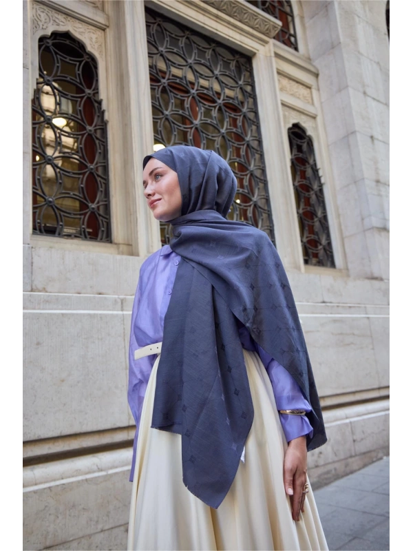 Monogram Pamuk İpek Şal - Morcivert