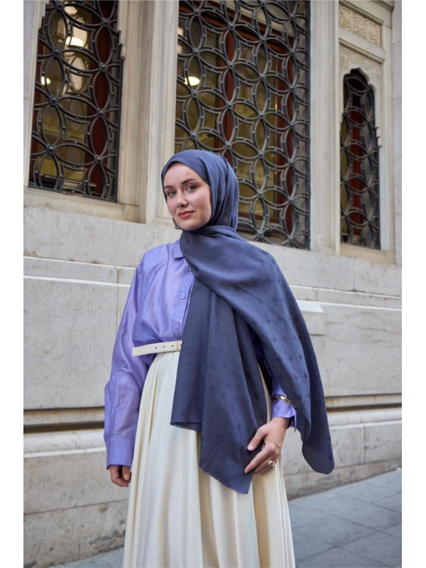 Monogram Pamuk İpek Şal - Morcivert