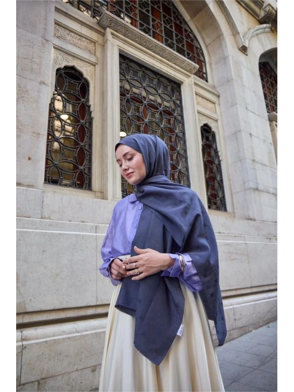 Monogram Pamuk İpek Şal - Morcivert