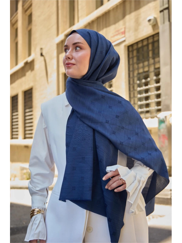 Monogram Pamuk İpek Şal - Lacivert