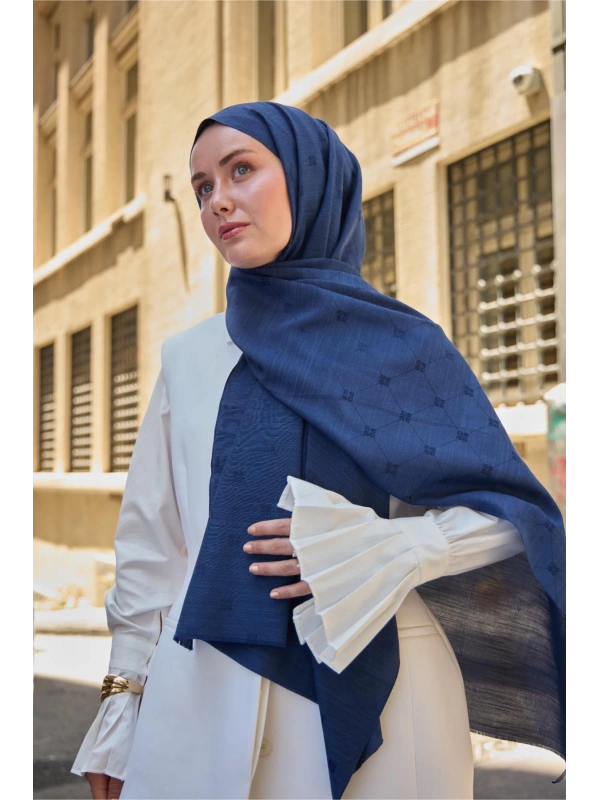 Monogram Pamuk İpek Şal - Lacivert