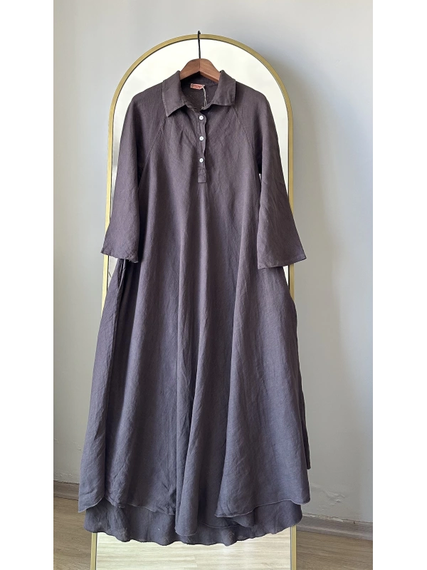 PURO LINO %100 Keten Kloş Elbise - Kahverengi