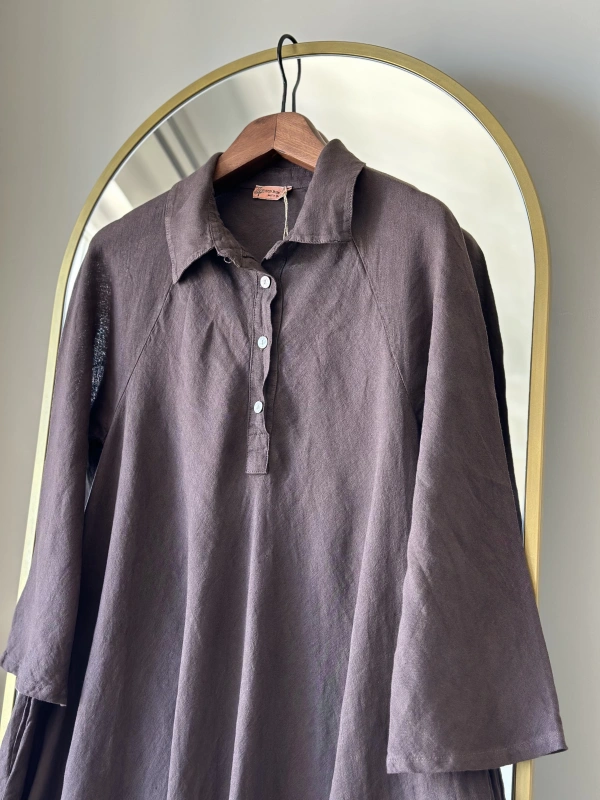 PURO LINO %100 Keten Kloş Elbise - Kahverengi