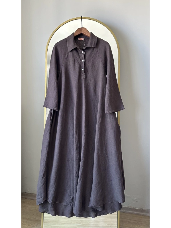 PURO LINO %100 Keten Kloş Elbise - Kahverengi