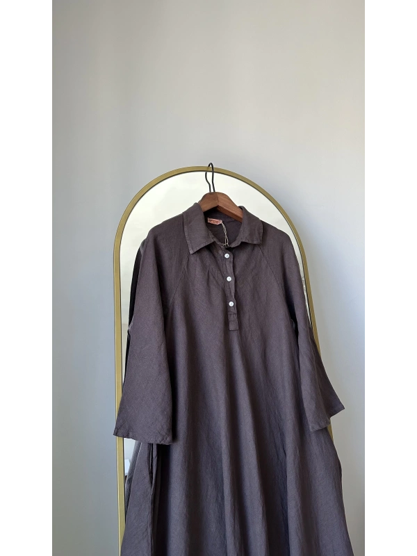 PURO LINO %100 Keten Kloş Elbise - Kahverengi