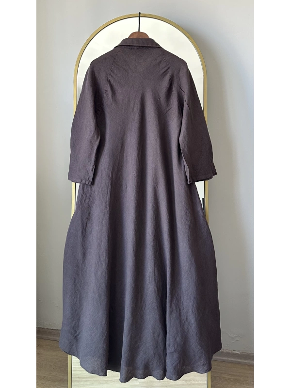 PURO LINO %100 Keten Kloş Elbise - Kahverengi