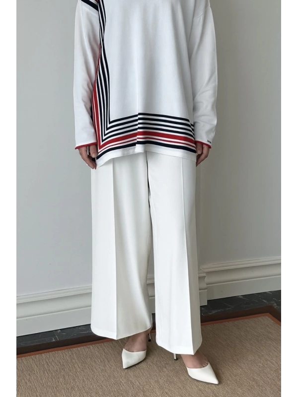 Sentez Arkası Lastikli Kumaş Pantolon - Beyaz