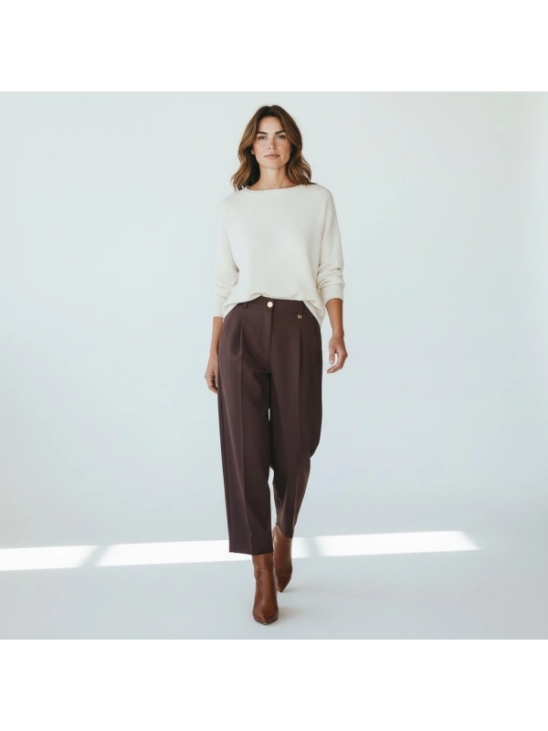 Sentez Arkası Lastikli Pileli Pantolon - Kahverengi