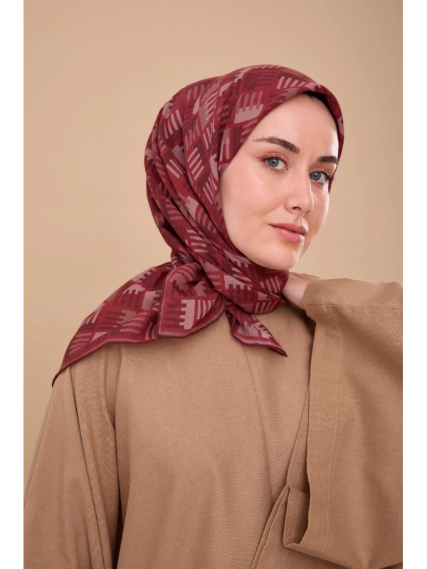 Silk Home Geometrik Desen Eşarp - Bordo, Koyu Kırmızı, Vizon