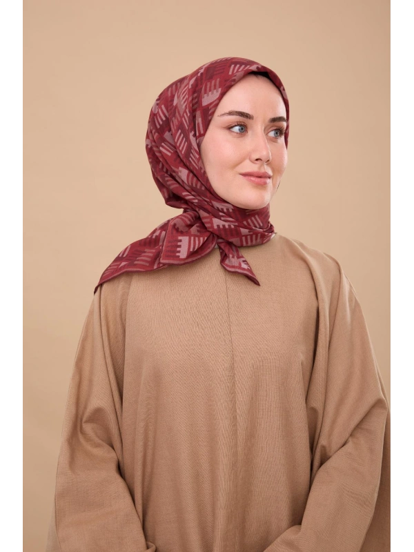 Silk Home Geometrik Desen Eşarp - Bordo, Koyu Kırmızı, Vizon