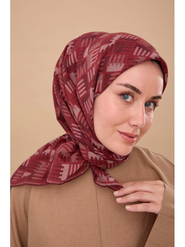 Silk Home Geometrik Desen Eşarp - Bordo, Koyu Kırmızı, Vizon
