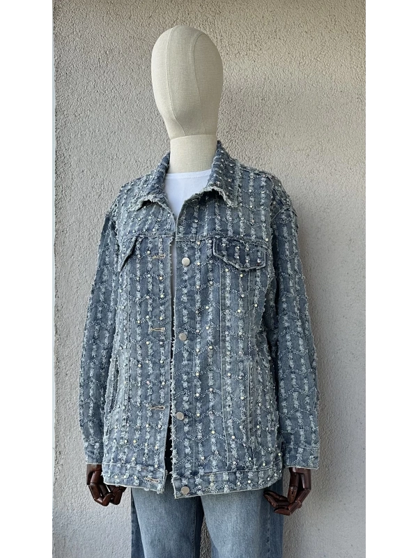 Taş İşlemeli Saçaklı Denim Ceket
