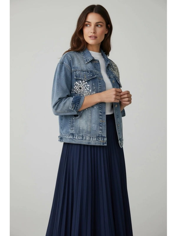 Taş İşlemeli Denim Ceket
