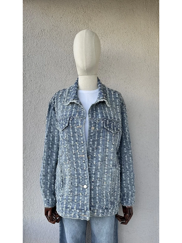 Taş İşlemeli Saçaklı Denim Ceket