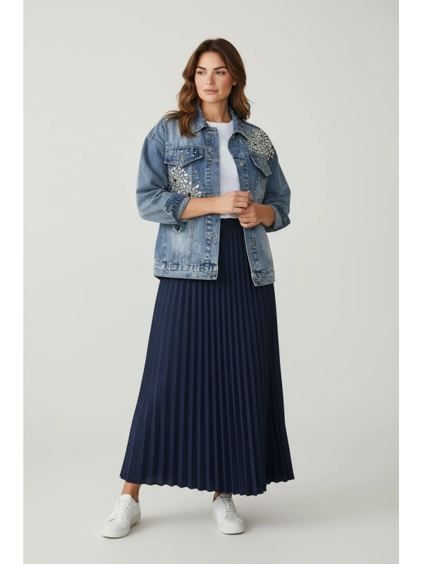 Taş İşlemeli Denim Ceket