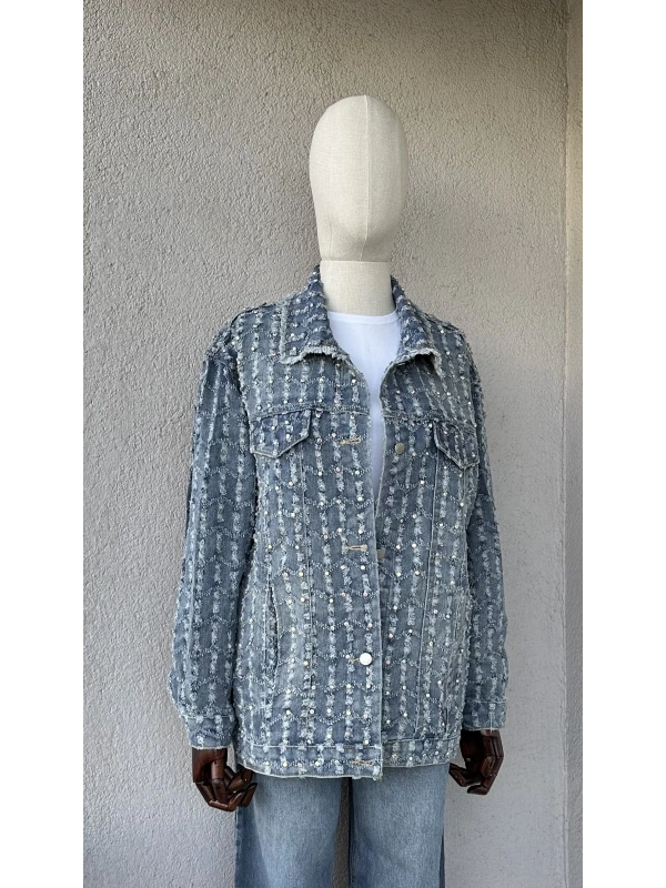 Taş İşlemeli Saçaklı Denim Ceket