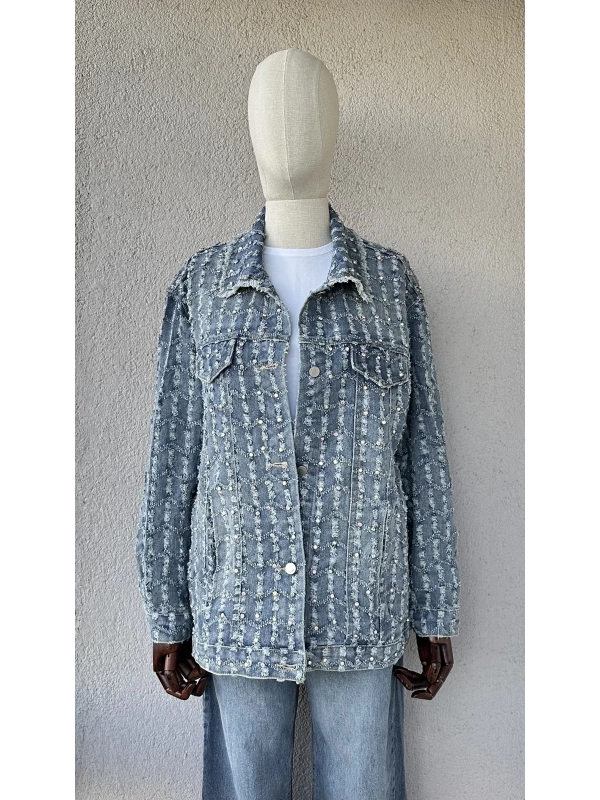 Taş İşlemeli Saçaklı Denim Ceket