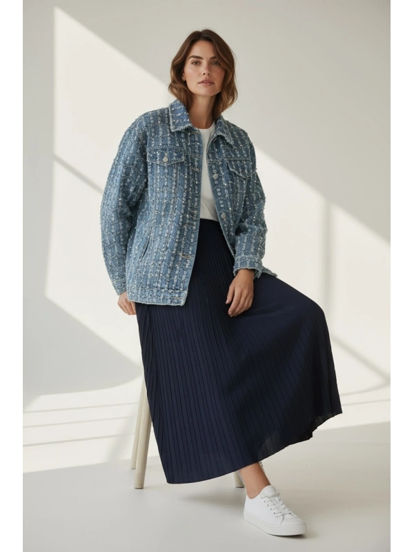 Taş İşlemeli Saçaklı Denim Ceket