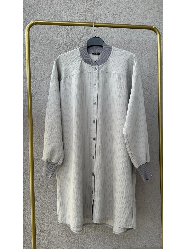 Çizgili Oversize Gömlek - Gri