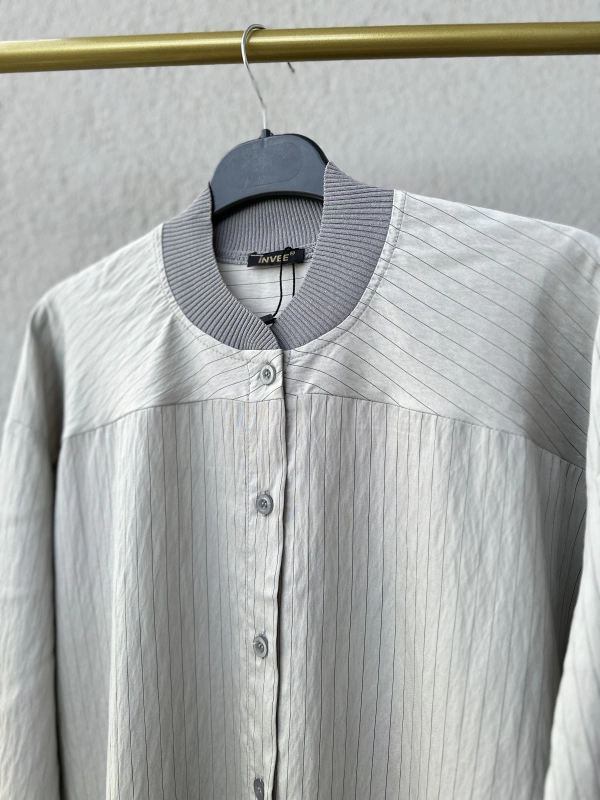 Çizgili Oversize Gömlek - Gri