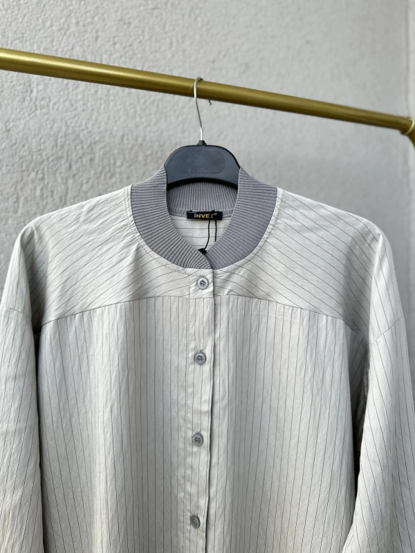 Çizgili Oversize Gömlek - Gri