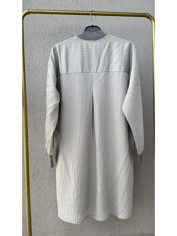 Çizgili Oversize Gömlek - Gri