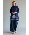 İNVEE Kadın Ağaç Nakışlı Uzun Gömlek - Lacivert