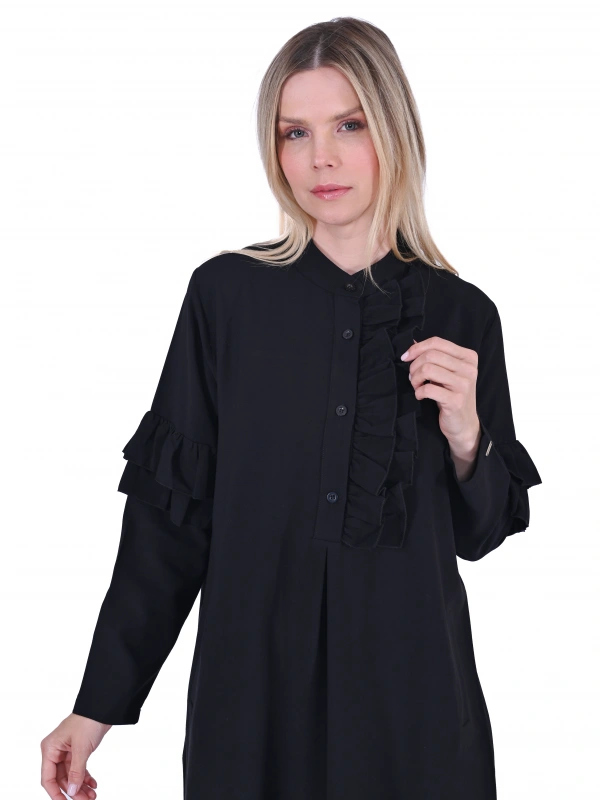 İNVEE 6925 Fırfır Detaylı Siyah Elbise