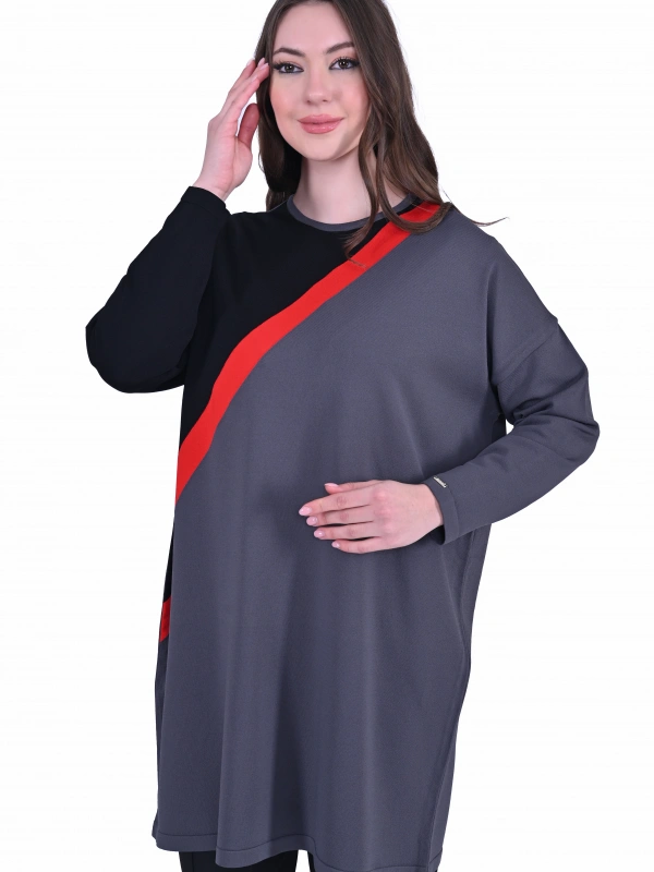 İNVEE 7048 Renk Bloklu Triko Tunik - Antrasit