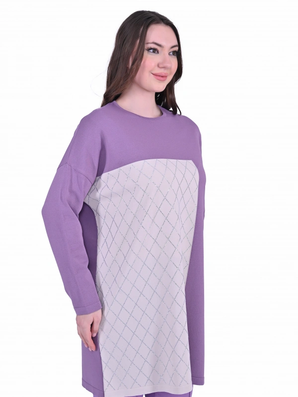 İNVEE 7062 Taş Baskılı Triko Tunik - Mor